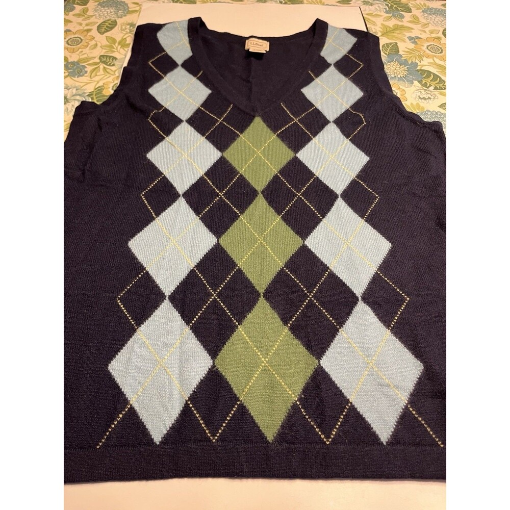 LL Bean 100% Cashmere Argyle Blue Sweater Vest Mens Sz XL